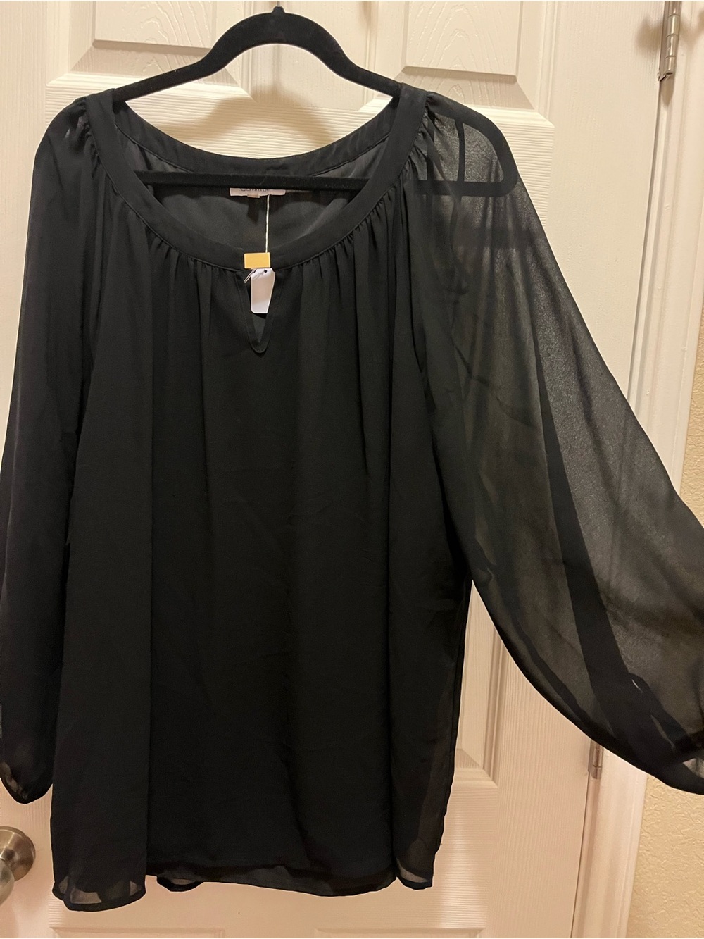 Calvin Klein 3X Black Sheer Balloon Sleeve Blouse Gold Detail Plus Size